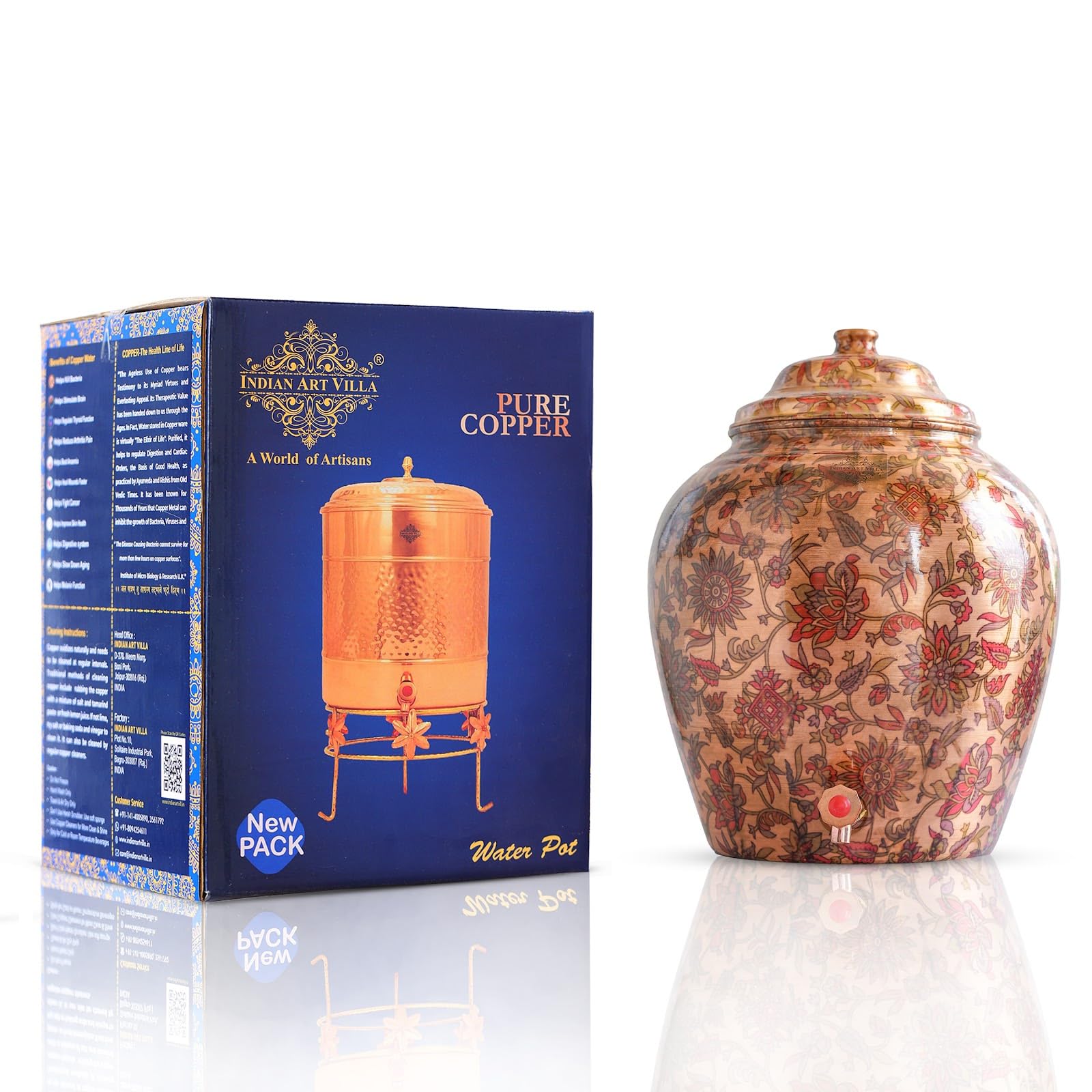 Indian Art Villa Printed Flower & Leaf Design Copper Water Dispenser Pot Matka, Storage, Home Kitchen Garden, 13 LTR-image-34