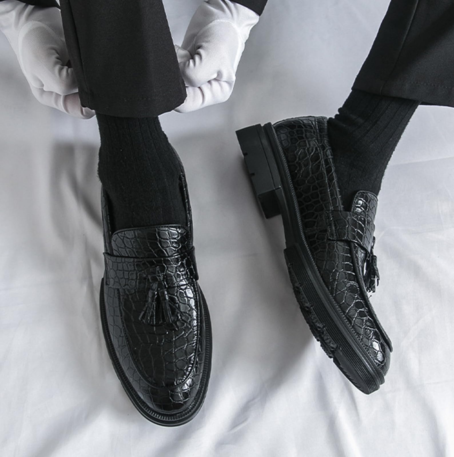 Mocasines con Borlas para Hombre Zapatos de Vestir Piel Sintética PU Cocodrilo Elegantes Casual Negocios