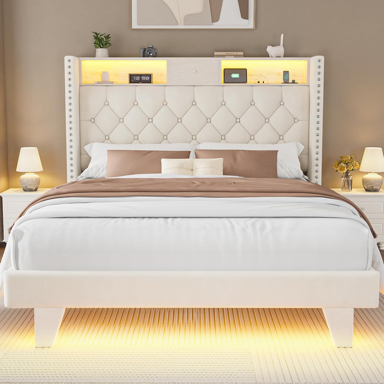 LED Queen Size Bed Frame with USB Charging Station, Velvet Upholstered Platform Bed Frames with Button Tufted Wingback Storage Headboard, Wooden Slats Support, No Box Spring Needed, Beige