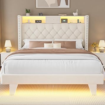 LED Full Size Bed Frame with USB Charging Station, Velvet Upholstered Platform Bed Frames with Button Tufted Wingback Storage Headboard, Wooden Slats Support, No Box Spring Needed, Beige