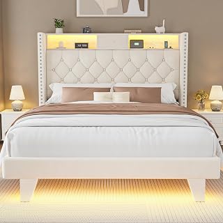 LED Queen Size Bed Frame with USB Charging Station, Upholstered Platform Bed Frames with Button Tufted High Wingback Storage Headboard, Wooden Slats Support, No Box Spring Needed, Beige