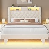 Otevehde LED Queen Size Bed Frame with USB Charging Station, Velvet Upholstered Platform Bed Frames with Button Tufted Wingback Storage Headboard, Wooden Slats Support, No Box Spring Needed, Beige