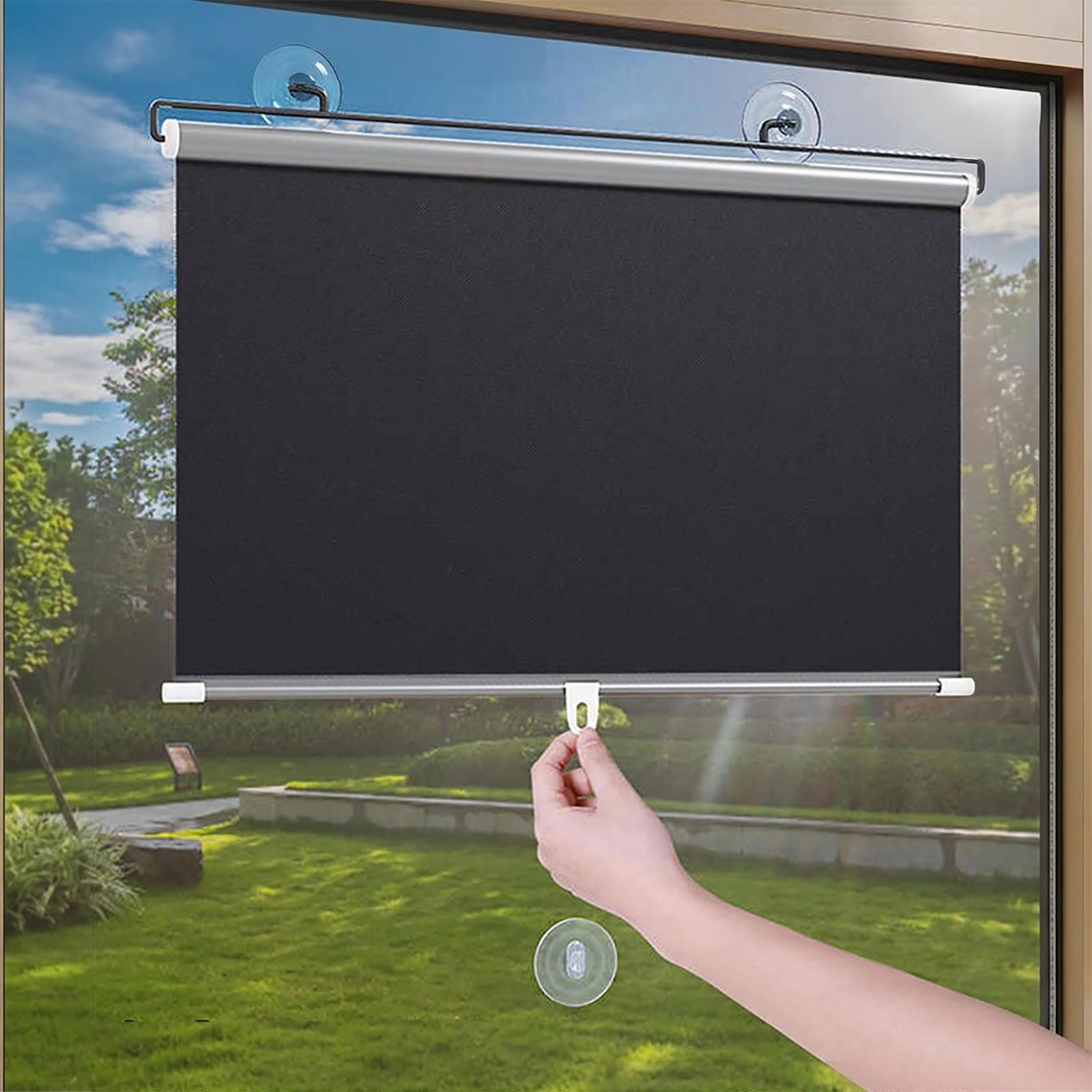 Estores enrollables con ventosas, Persiana Enrollable Sin Taladrar, Negro | Cortina opaca reflectante, Estor Térmico para Ventanas, aislamiento térmico y protección solar, retráctiles(W75 x H190cm)