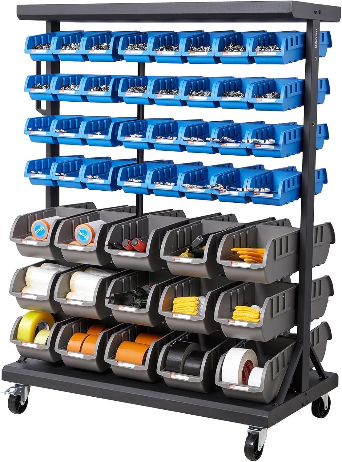 VEVOR 7-Tier Double-Sided Rolling Bin Storage Rack, 94 Plastic Bins, Dual-Sided Parts Organizer with Wheels, Mobile Tool Organizer for Garage, Warehouse, Office, Restaurant, Classroom, Kitchen