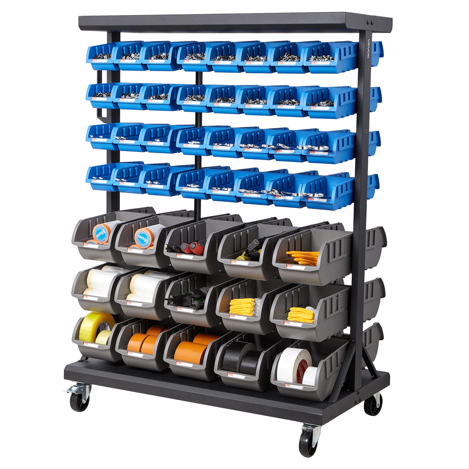 VEVOR Estantería Móvil de Plástico con Ruedas, 7 Niveles y Doble Cara, para 94 Contenedores, Carga Máxima por Nivel 40 kg, para Garaje, Almacén, Oficina, Restaurante y Aula, 900 x 500 x 1245 mm