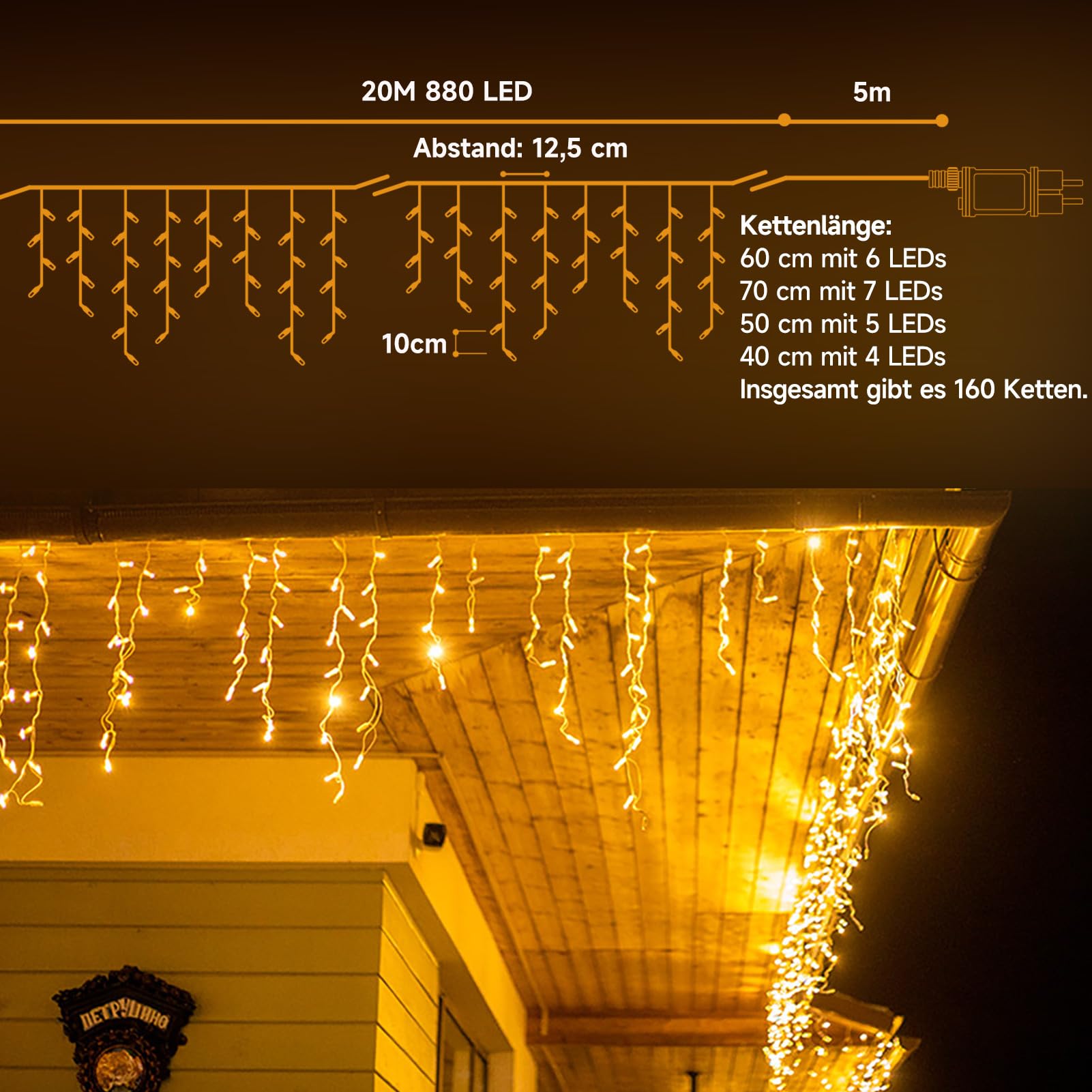 WOWDSGN LED Eisregen Lichterkette Außen, 20M 880LED Eiszapfen mit Timer 8 Modi IP44 wasserdicht Strombetrieben, Lichtervorhang für Weihnachten Dachkante Dachrinne Terrasse Balkon Warmweiß
