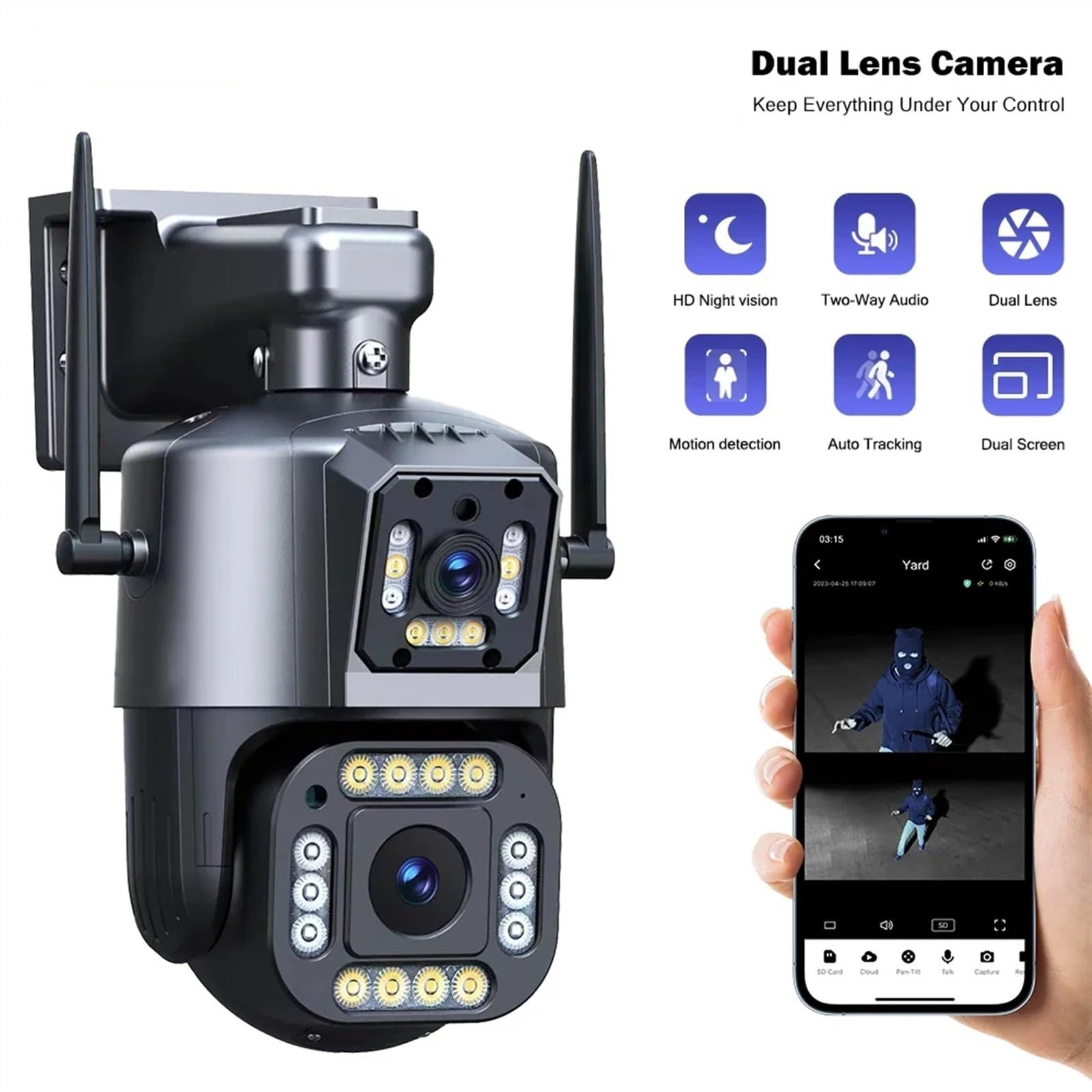 Kamera Dzwonkowa, HD Podwójny obiektyw 8 MP Obrazy PTZ Kamera bezpieczeństwa Wi-Fi Kolor zewnętrzny Noktowizor System nadzoru wideo IP66 Automatyczne śledzenie(8MP NO Card)