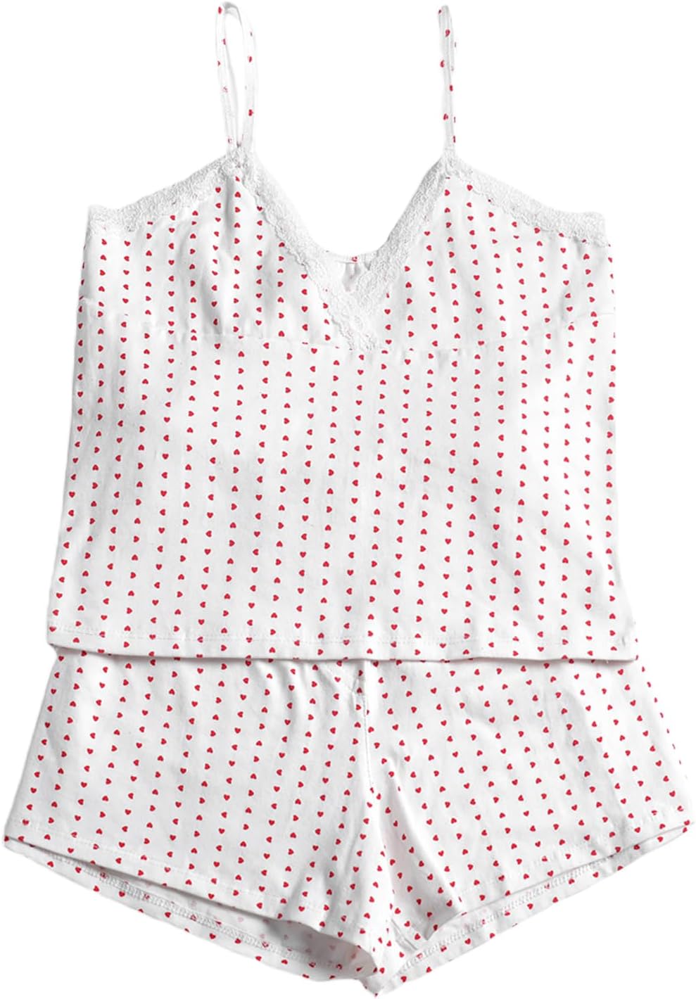 FabumilyWomens Cami Pajama Set Y2k Sleepwear Heart Print Lace Trim Sleeveless PJ Set with Shorts Sexy Loungewear