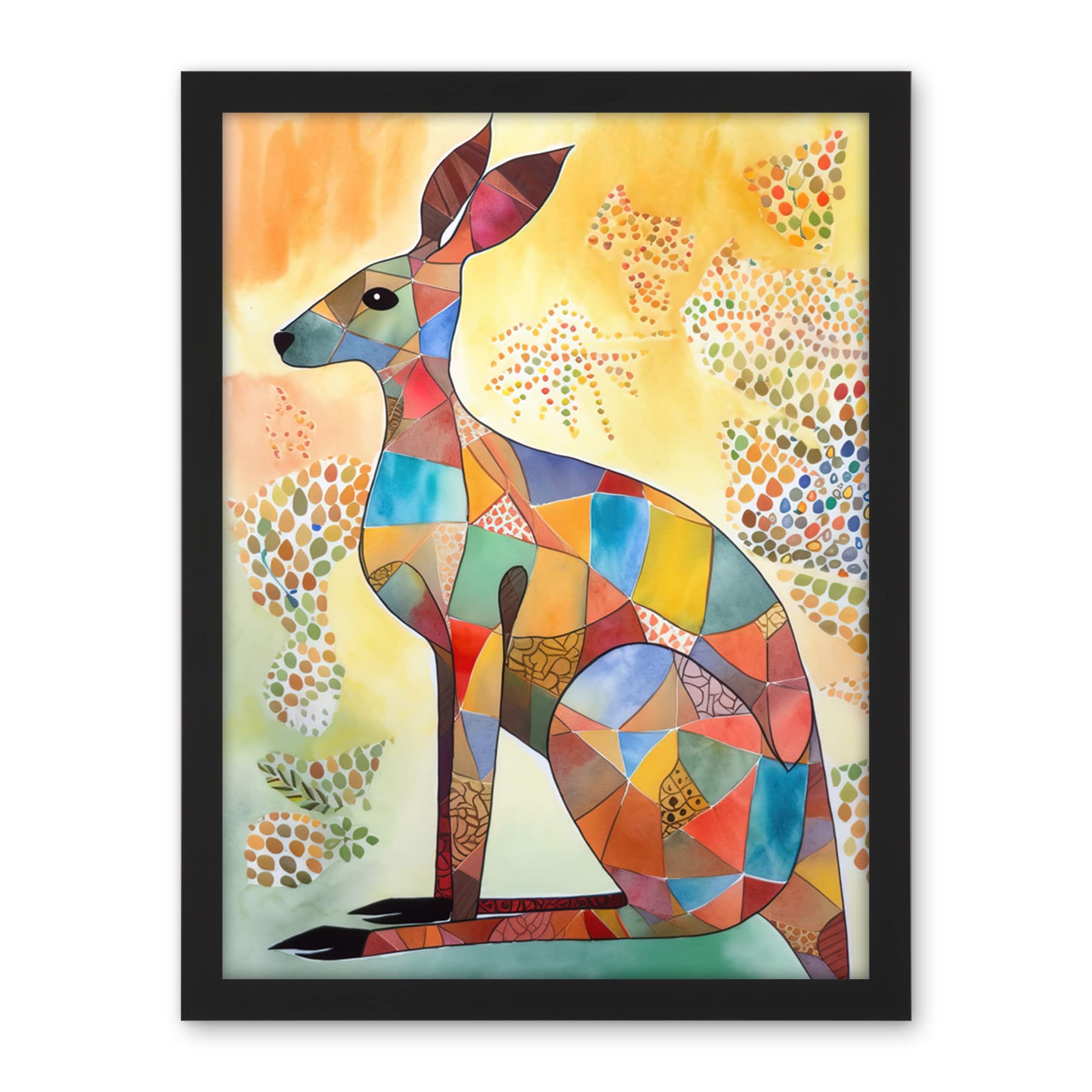 Artery8 Multicoloured Kangaroo Folk Art Watercolour Painting Artwork Framed Wall Art Print 18X24 Inch