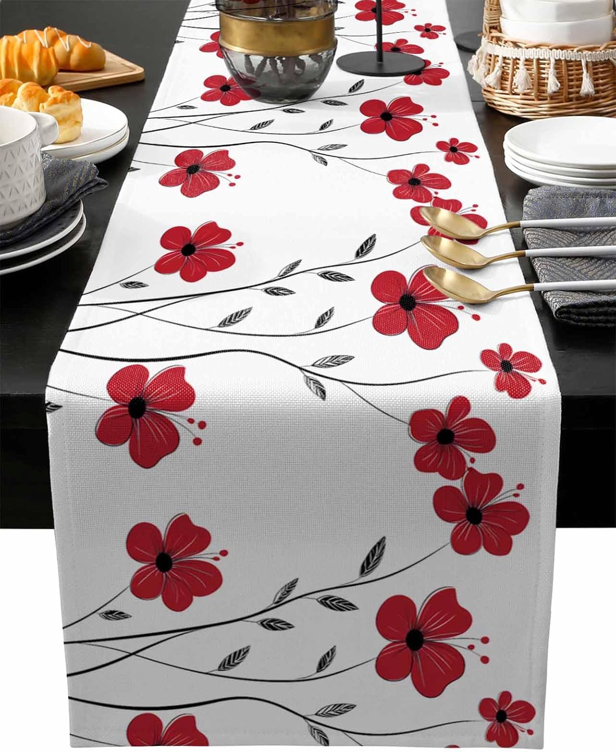 Boho Red Floral Table Runner 108 Inches Long for Dining Table Decor,Vintage Flowers Botanical Spring Plant Burlap Linen Farmhouse Table Runner Coffee Table Runners Dresser Scarf for Kitchen Party