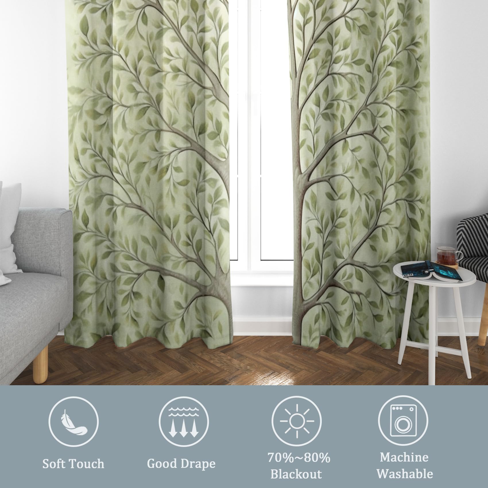 Vorhänge Baum des Lebens, Verdunkelungsvorhang 2er Set - Vorhang Blickdicht Grünes Blatt Muster, Thermovorhang für Deko Wohnzimmer Schlafzimmer Kinderzimmer, Gardinen mit Ösen 220x140 cm (H X B)