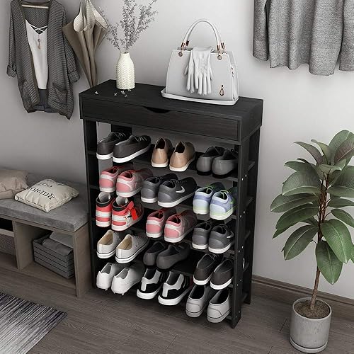 Miniatura 2 de DlandHome Zapatero de 5 niveles, zapatero de madera, zapatos de tacones, zapatos de tenis, organizador de almacenamiento para entrada, pasillo,