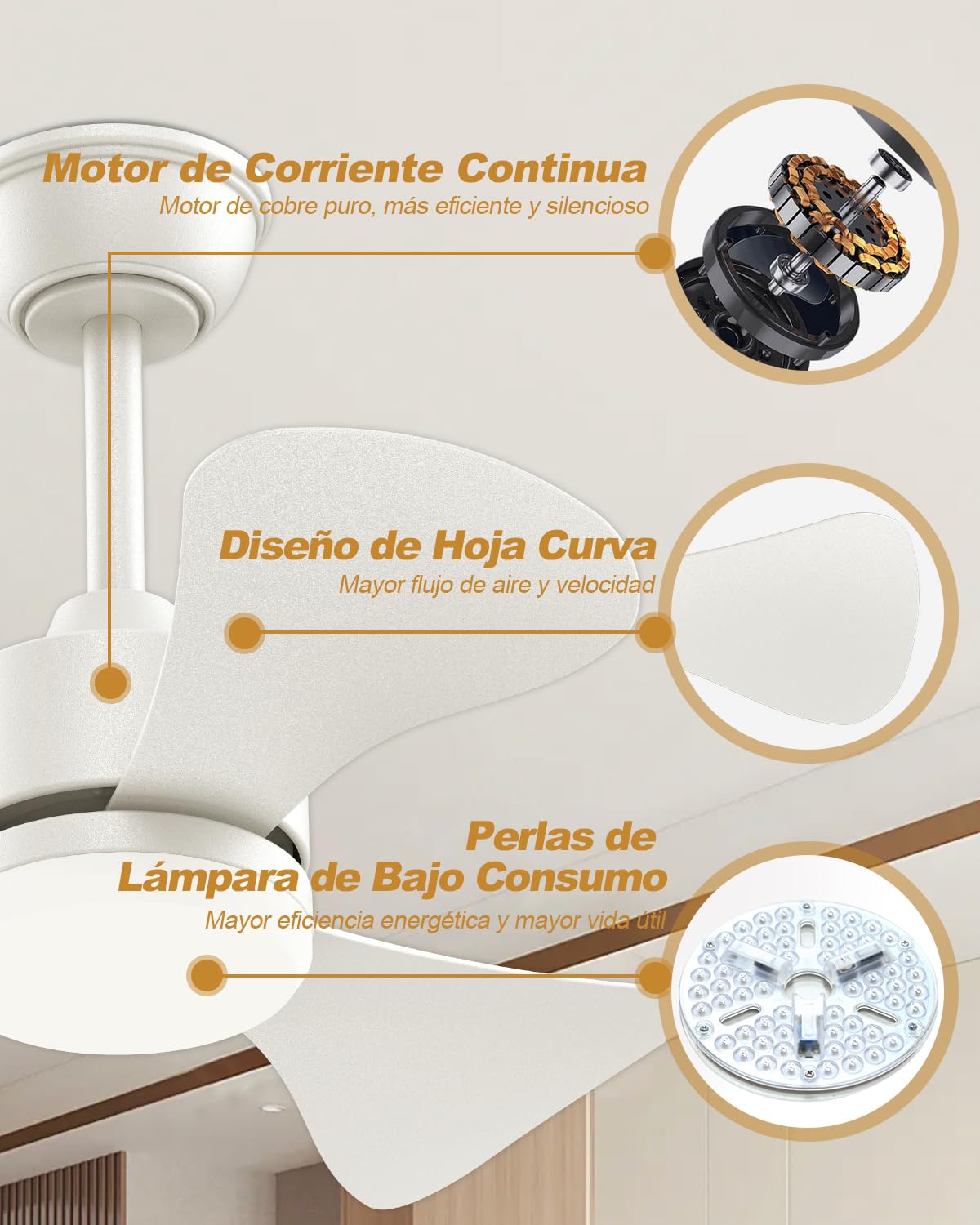 Airwit 71cm Ventilador de Techo con Luz y Mando a Distancia, Silencioso Lampara Ventilador Techo, Pequeno 3 Aspas Luz LED para Dormitorio, Salon, Reversible Motor DC, 6 Velocidades