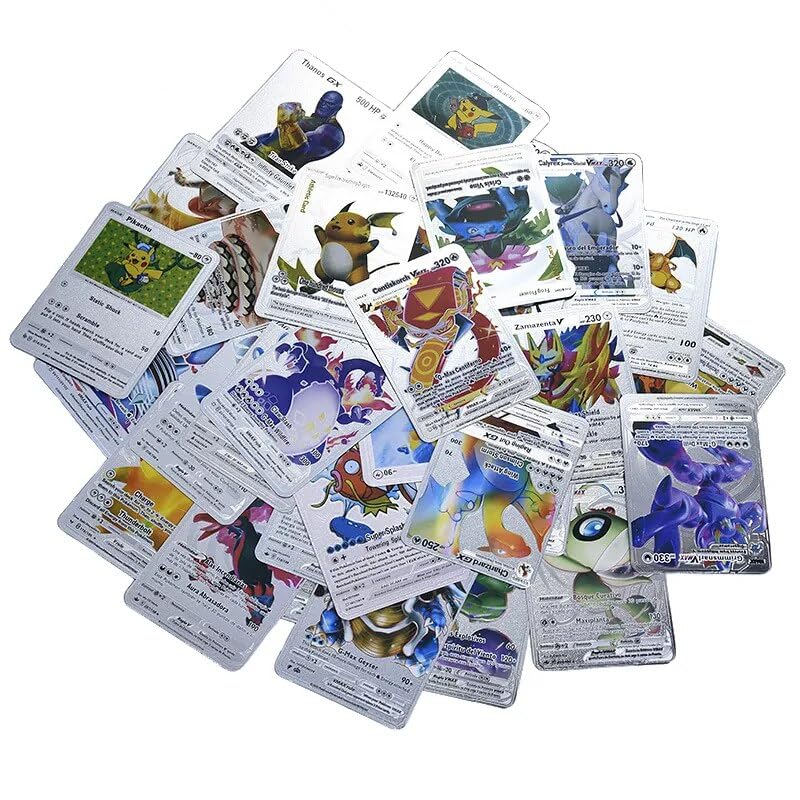 Nuevo 55 Cartas Pokem de Coleccionistas Material PVC, Cartas en Ingles, Tarjetas Aleatoria Basic, V, Vmax, Gx,Vstar (Plata)