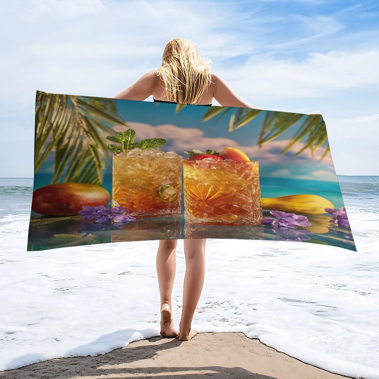 Luyysky Fantasy Colorful Tropical Fruit Quick-Drying Beach Towel, Retro Oil Painting Ocean Seaside Beach Plant Palm Trees Travel Vacation Single Sided Pile Bathroom Towels-80 W Cm X 160" L Cm