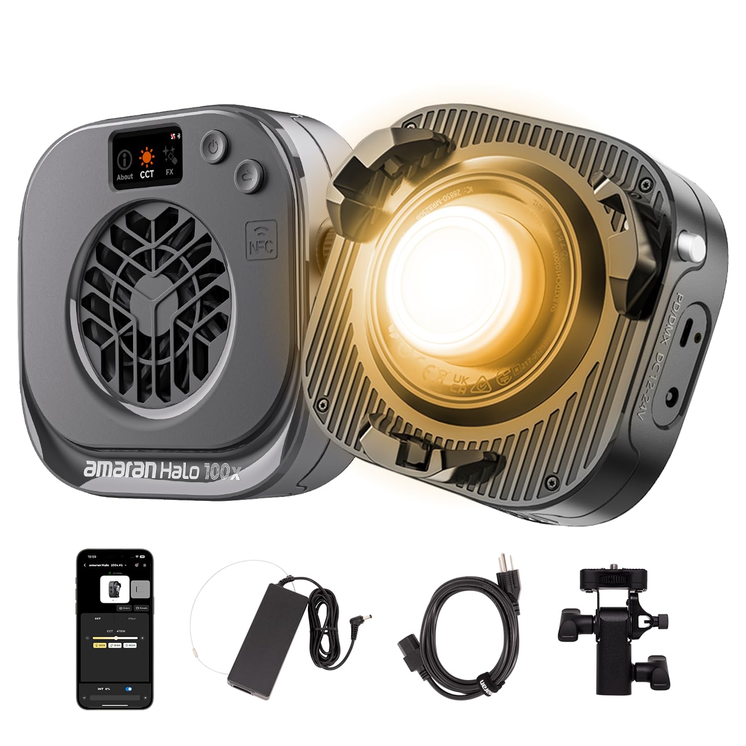 amaran Halo 100x 100W Bi-Color COB LED Videoleuchte, 4.890 Lux @1m, Ultra-Kompakt, Bowens Mount, USB-C PD & DC Netzteil, CRI 96+, TLCI 97+, DMX & App-Steuerung