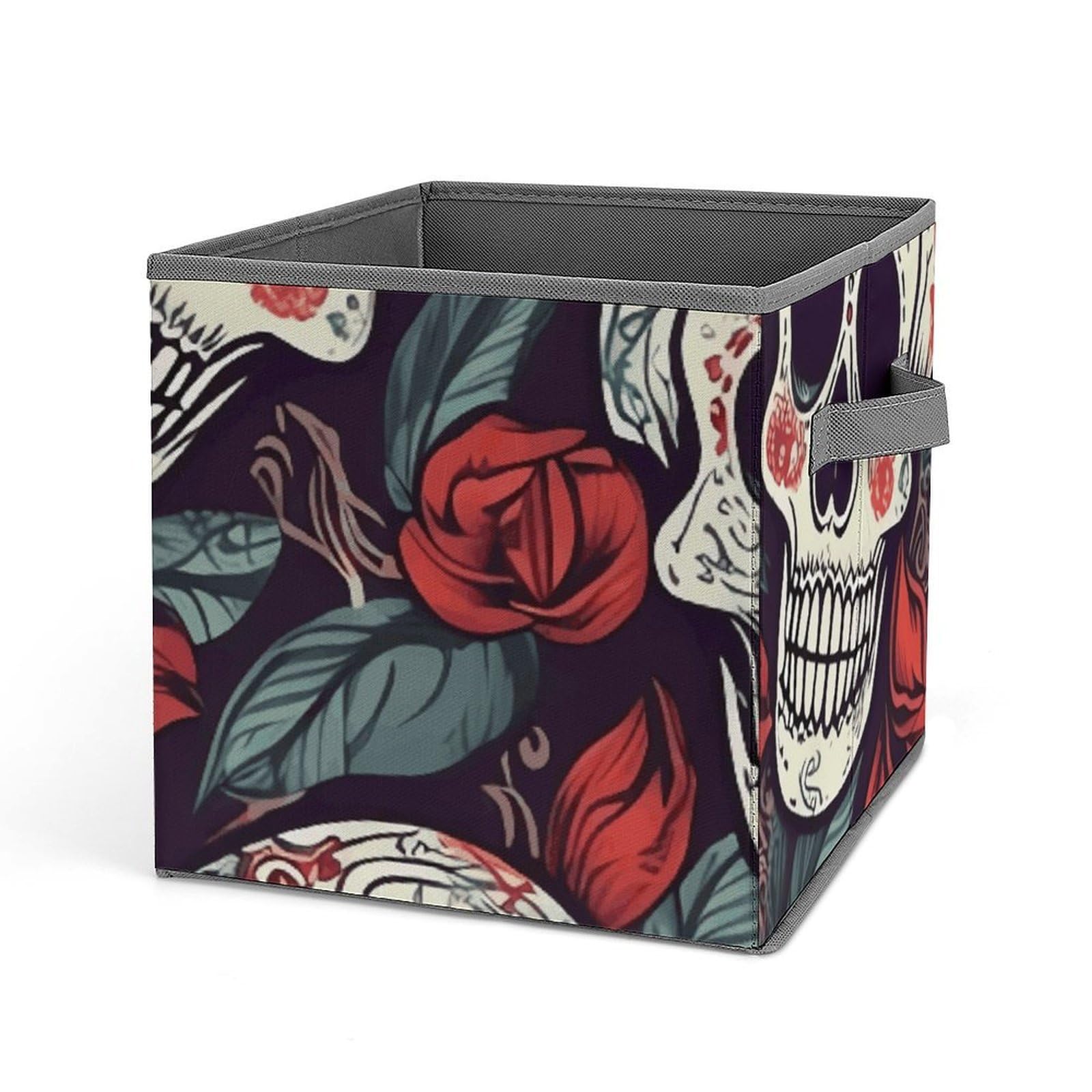 DWVTSLH Sugar Skulls And Red Roses Cube Storage Bins with Handle, Foldable Storage Cubes, 11 Inch Large Storage Baskets, Washable Fabric Closet Organizer for Shelves, Decorative Clothes Storage Boxes