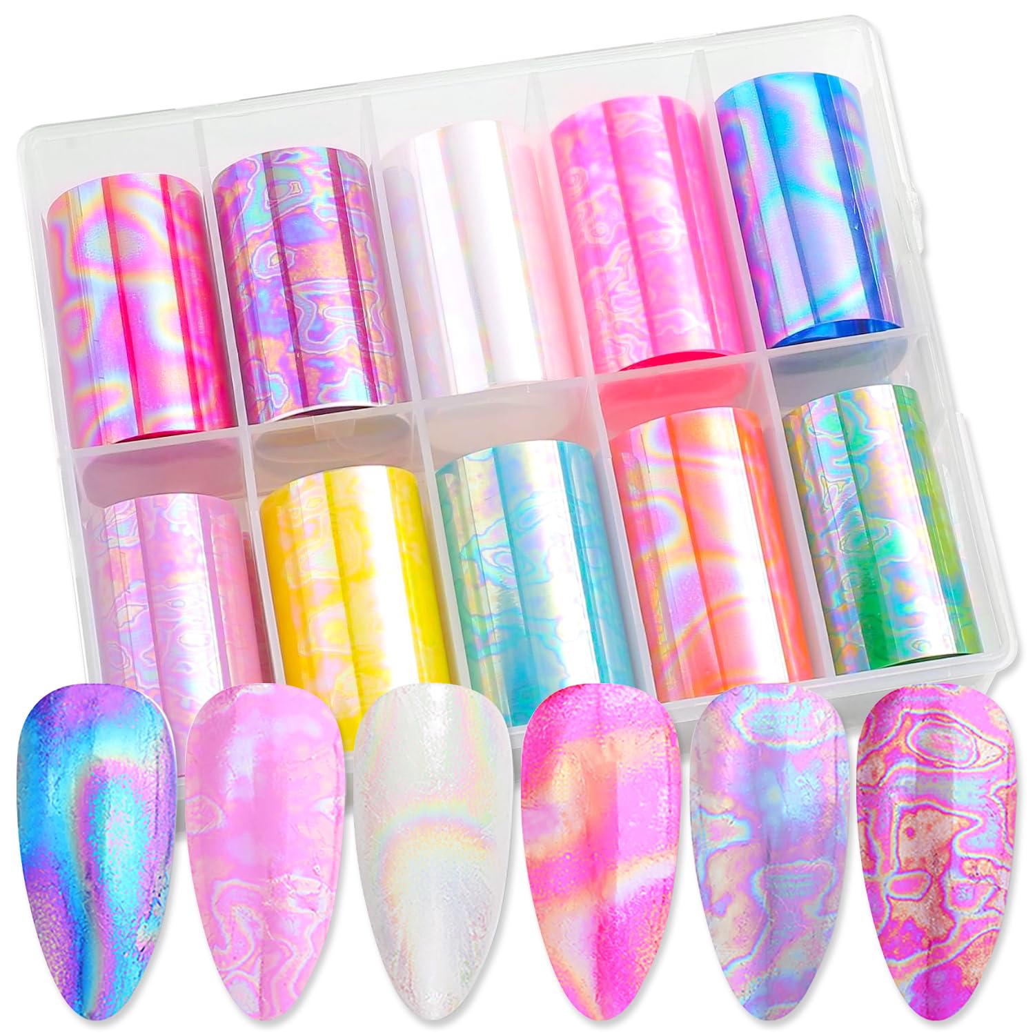 XEAOHESY 10 Rolls Aurora Iridescence Nail Art Foil Transfer Sticker Kit Laser Foil Transfers Decals Neon Nail Transfer Stickers Sheets Nail Art