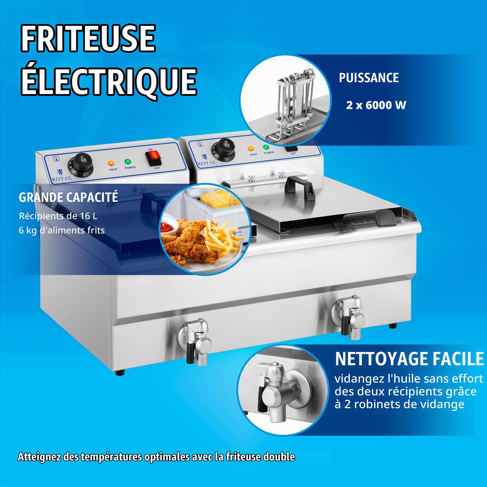 Royal Catering Friteuse Électrique Double Professionnelle 2 x 6 000 W, Volume Total 2 x 16 L, Huile 2 x 10 L, Courant Triphasé 400 V, Robinet de Vidange, 2 Branchements Électriques Commerciale