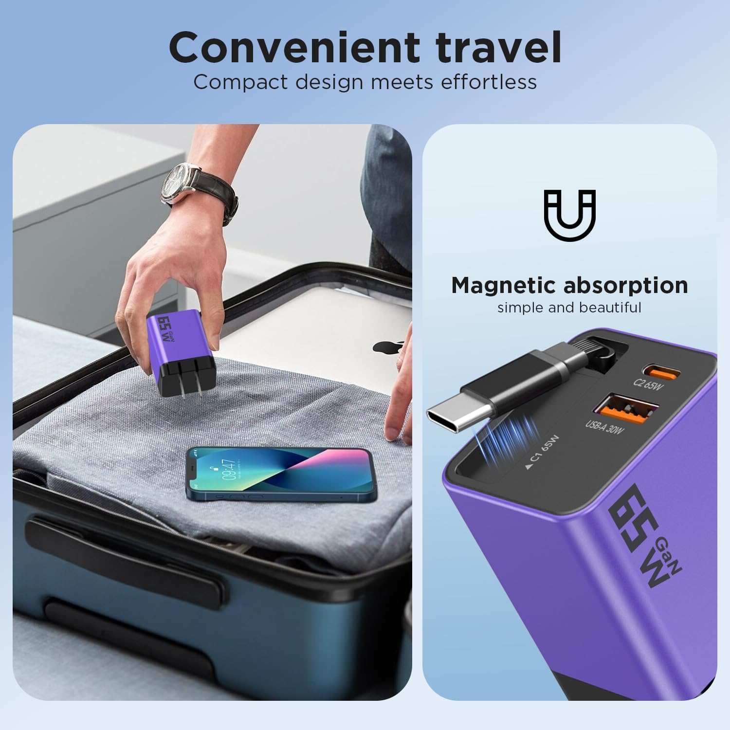 65W GaN USB C Charger with 0.7m Retractable Cable, 3-Port Adapter, Purple image 5