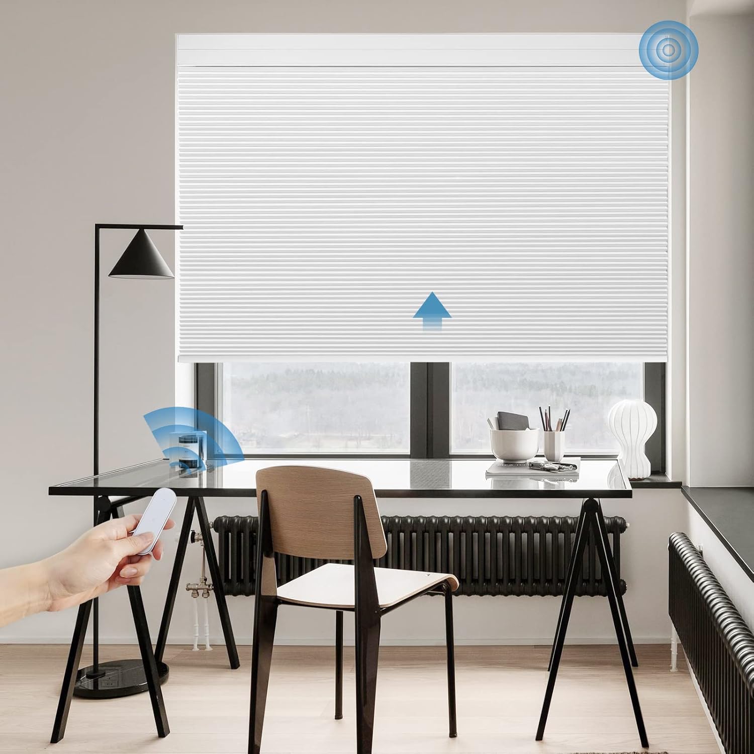 Grandekor Motorized Cellular Shade with Remote,Motorized Blinds 100% Blackout Cordless Smart Honeycomb Blinds with Battery Powered,White,34x64 White W34"xH64"