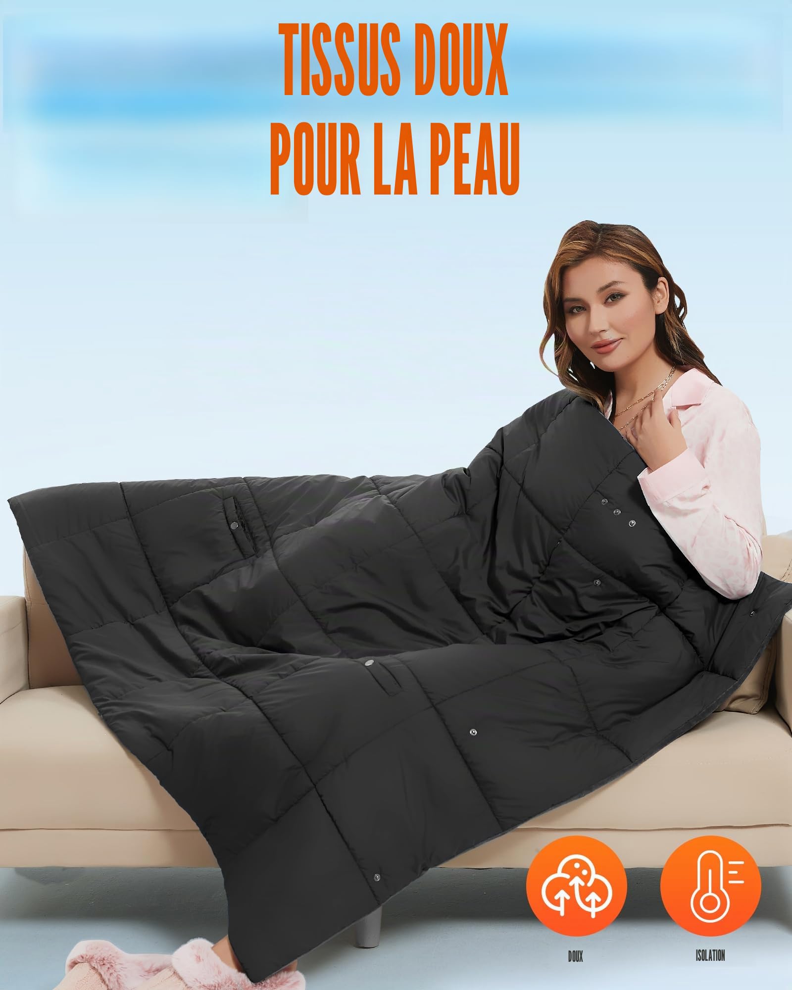 Couverture chauffante sans fil avec batterie 20 000 mAh 7,4 V pour homme et femme - Couverture chauffante électrique portable avec 8 zones de chauffage et 3 niveaux de température pour la maison et le