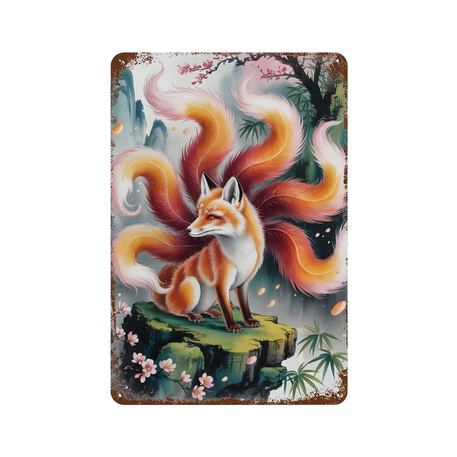 Garage Style Nine-tailed Fox in Asian Landscape Distressed Metal Wall Sign 11.8"x7.9", Rustic Home Decor for Bar And Workshop