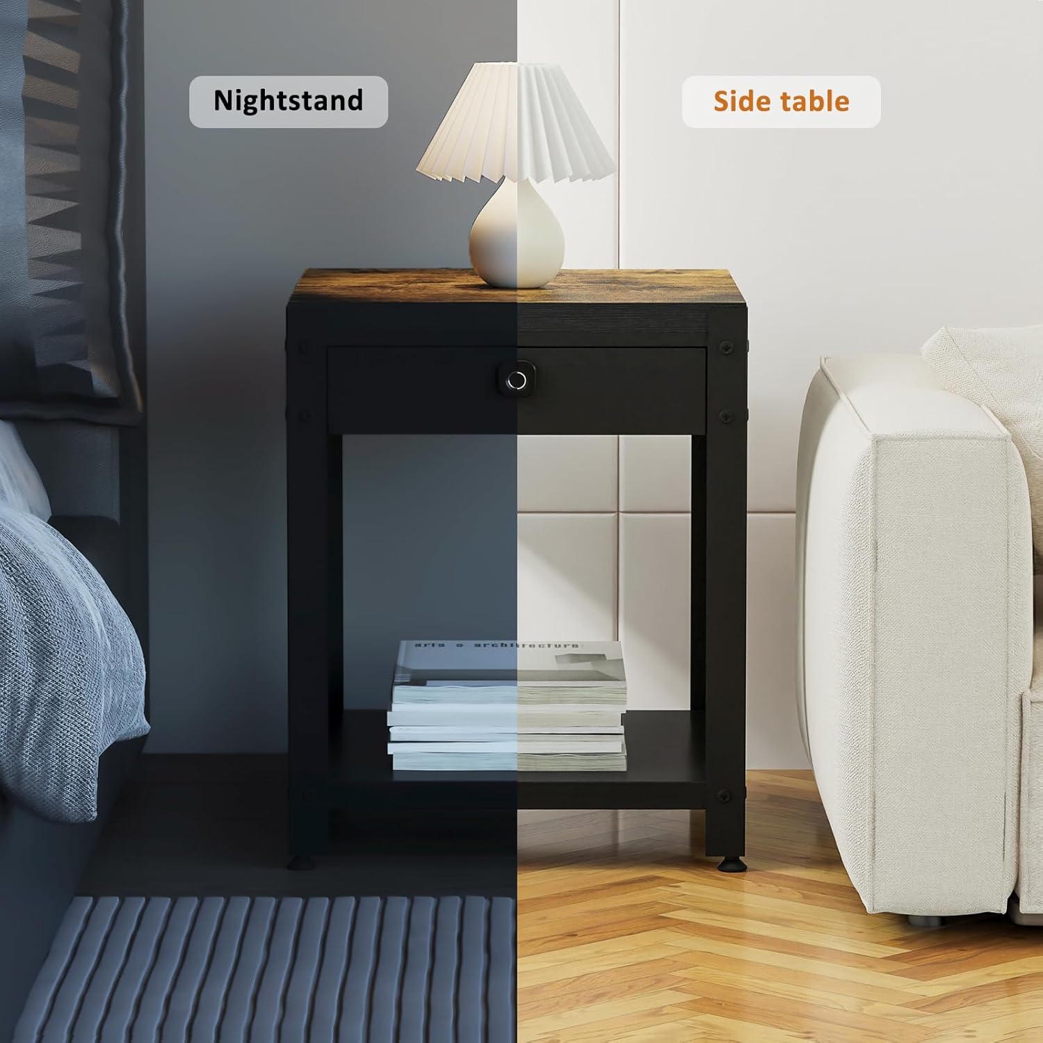 Nightstand with Hidden Locking Compartment, Smart Fingerprint Gun End Table, Secure Storage Cabinet for Handguns and Valuables, Quick Access Small Storage Coffee Table for Bedroom or Office