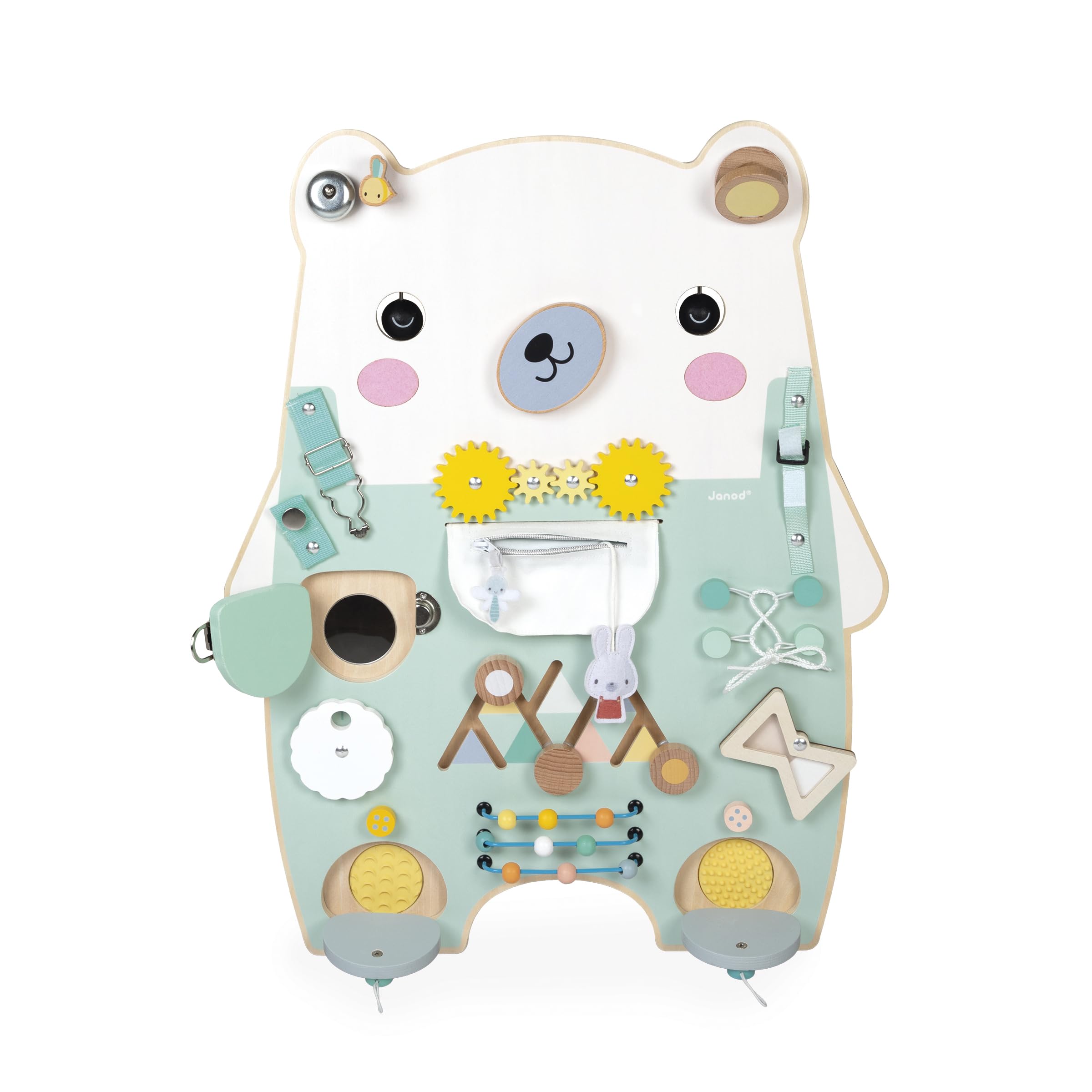 Janod Busy Board Ourson, 20 attività, Grande Tavolo di attività in Legno, Ottime per Lo Sviluppo della motricità fine, la curiosità e la destrezza, Altezza 60 cm, da 18 Mesi, J05162