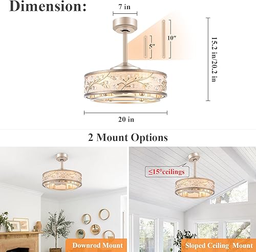 Miniatura 6 de WWM Ventilador de techo de 20 pulgadas de bajo perfil con luces  estilo granja, motor de CC que fija el parpadeo, motor reversible, 6 bombillas LED