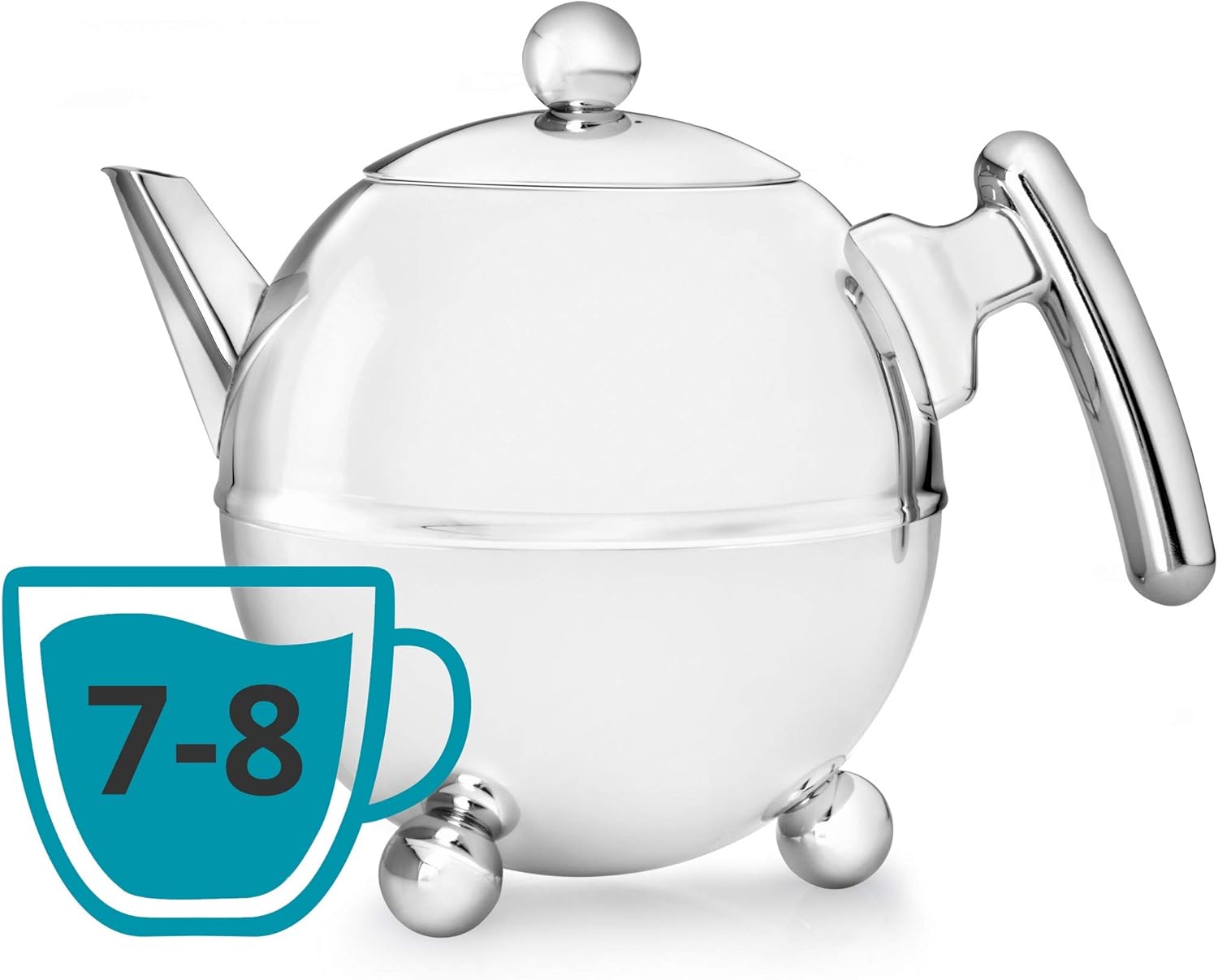 bredemeijer Bella Ronde Double Walled Teapot, 1.5-Liter, Stainless Steel Glossy Finish with Chromium Accents