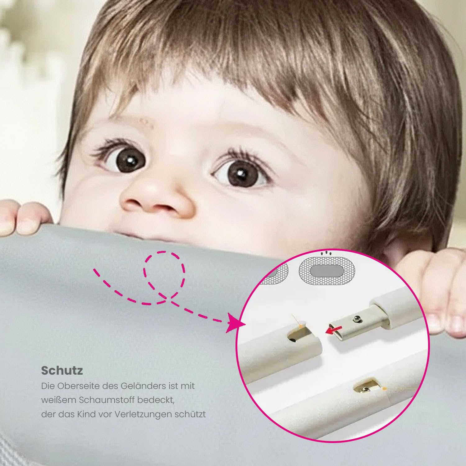 Primabobo Bettschutzgitter 160 cm – Rausfallschutz Kinderbett, höhenverstellbar, extra stabil (1.1 mm Stahl), klappbar & kindersicher, Bettgitter für Kleinkinder – Hellgrau