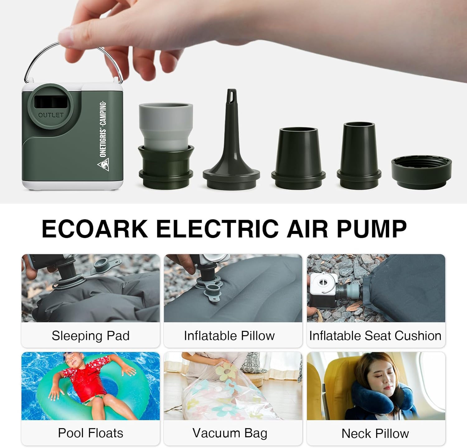 OneTigris Portable Air Pump for Inflatables,Mini Air Mattress Pump with Camping Light&2400 mAh Battery,Tiny Air Pump Rechargeable for Sleeping Pads,Air Mattress,Pool Toys,Floats,Swimming Ring, Air Bed