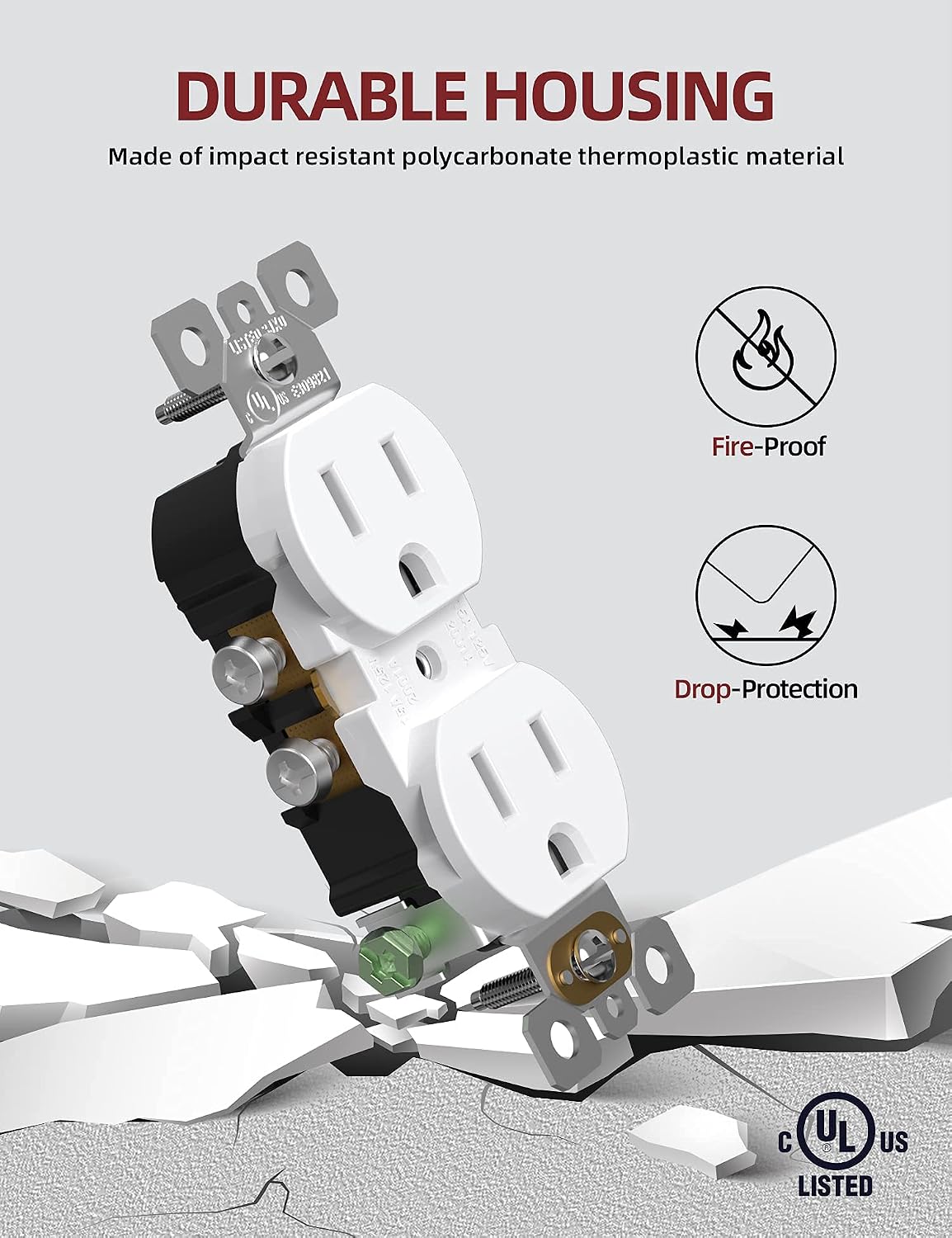 AIDA Duplex Receptacle Wall Outlet, Residential, 3-Wire, Self-Grounding, 15Amp 125V, UL Listed, Push & Side Wire, White (10 Pack)