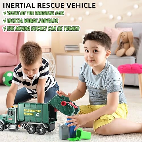 Miniatura 4 de CSDCSD Camión de basura grande de 15 pulgadas, camión de basura de gestión de residuos alimentado por fricción con luces y sonidos, 3 botes de