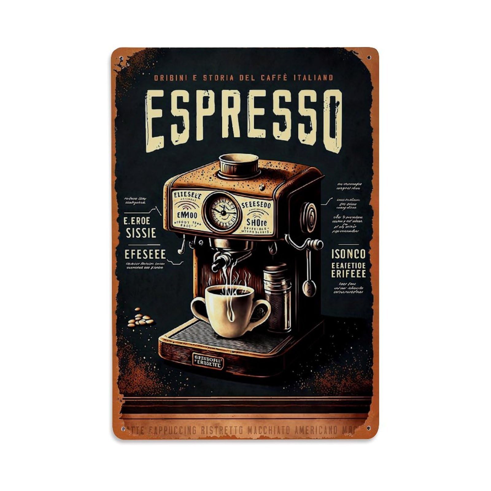 Vintage Espresso Machine Illustration Print Retro Metal Tin Sign, Vintage Metal Poster for home, Gaming Room, Studio Workshop,Bar,Garage Wall Art Decor 8x12 Inch
