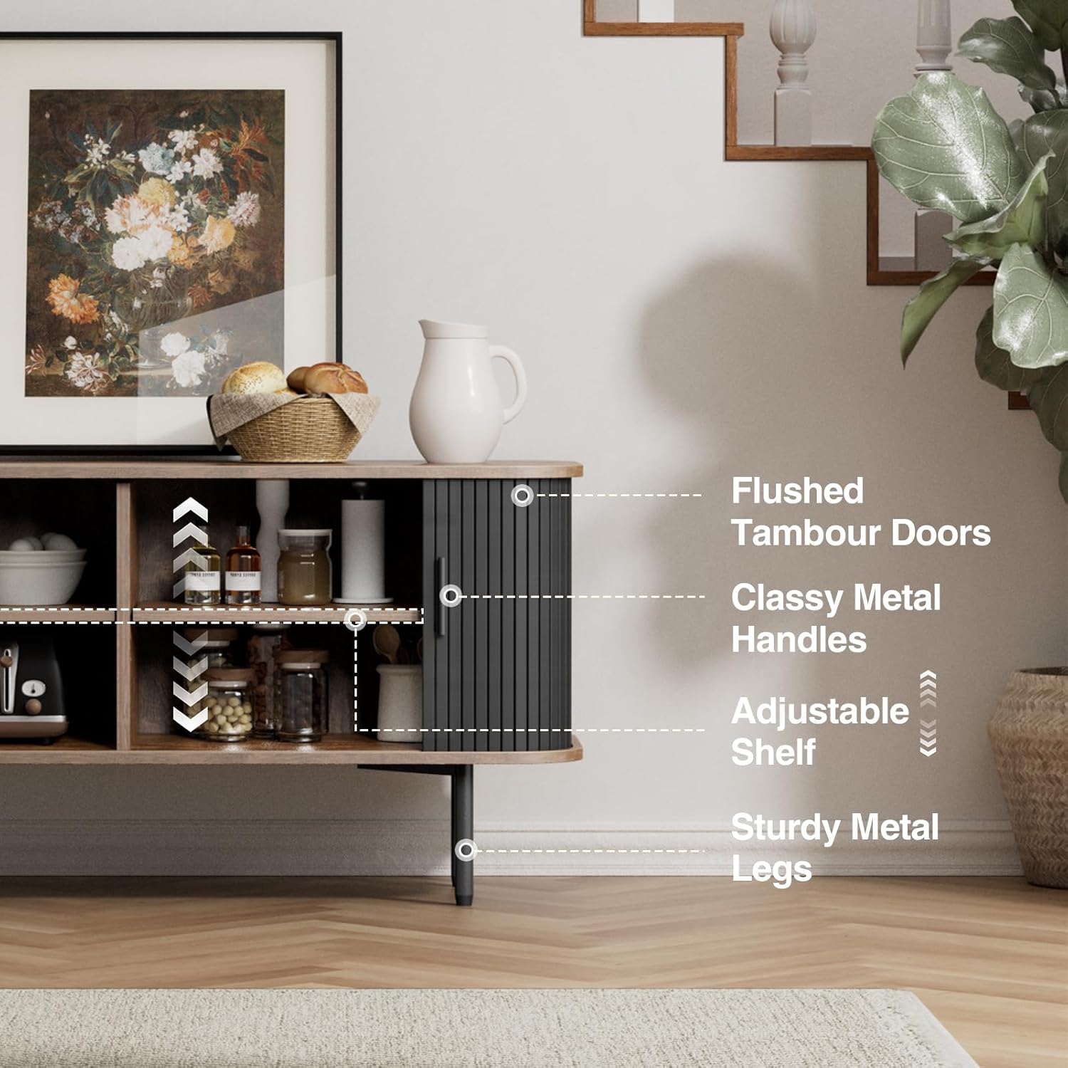 47''W Black Cabinet with Storage, Media Console, Tambour TV Stand, Television Stands with Curvy Edge; Sliding Door, Fluted Cabinet, Buffet Sideboard, Credenza, Table Stand for Living Room, Kitchen - Image 7