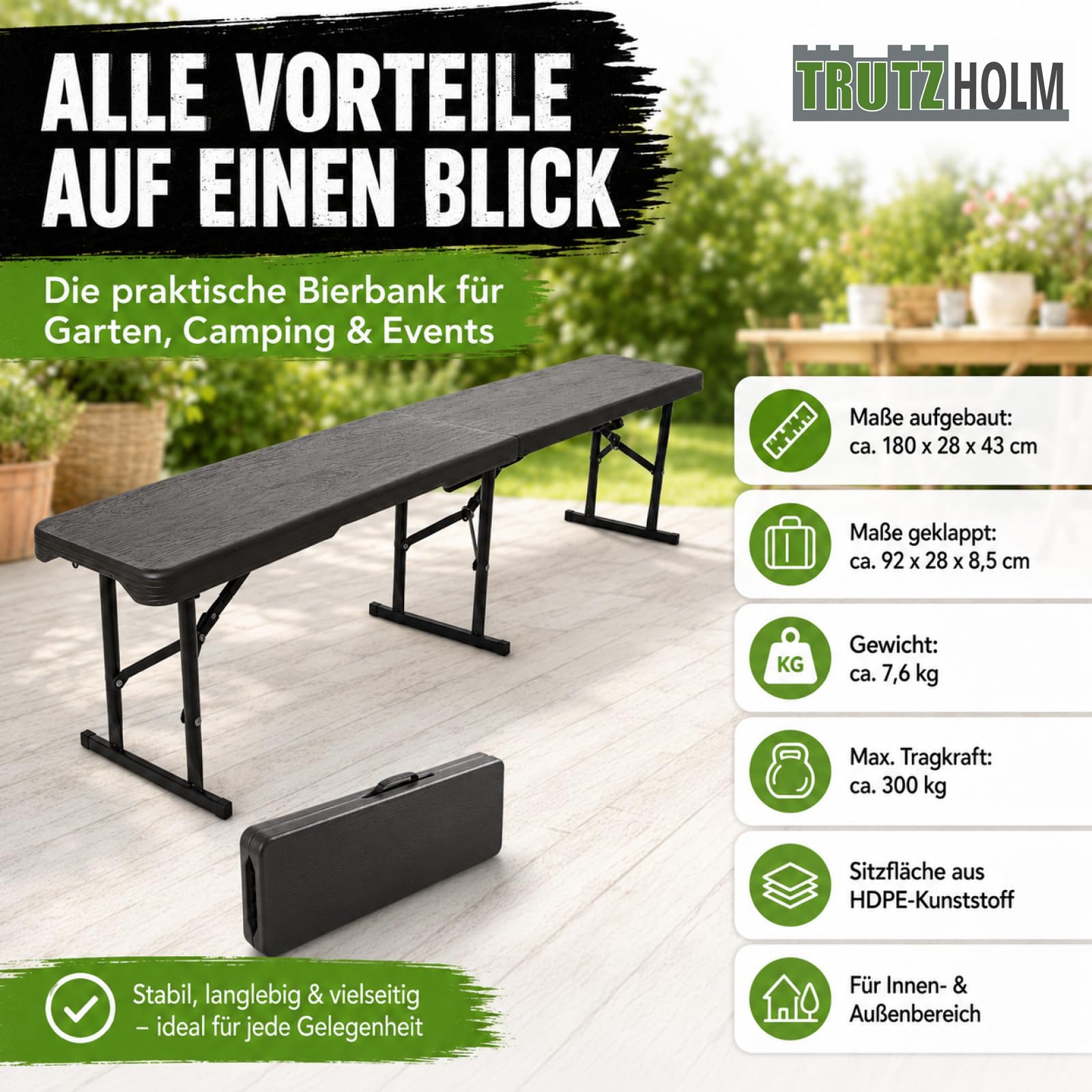 TRUTZHOLM Bierbank Klappbank aus Kunstoff Grau Holzoptik 180cm klappbar Bierzeltbank Campingbank
