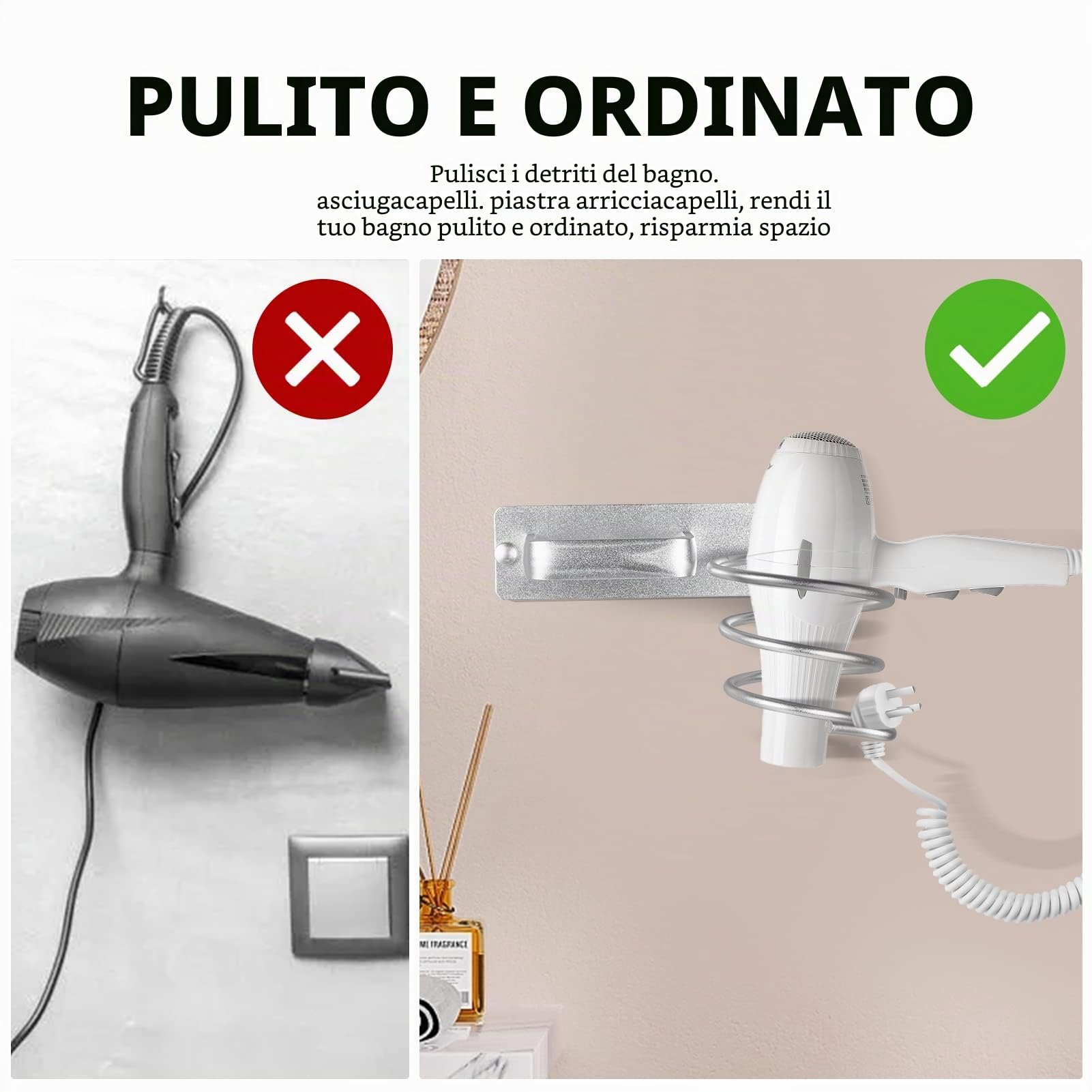 YUET Supporto per asciugacapelli, Porta Asciugacapelli da Parete Alluminio con Viti di Fissaggio per Asciugacapelli per Camere da Letto Toilette Barbiere Argentato