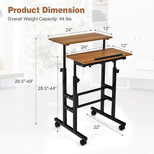 Miniatura 25 de COSTWAY Escritorio móvil de pie, carrito de computadora portátil con ruedas ajustable en altura con escritorio inclinable para estar de pie o