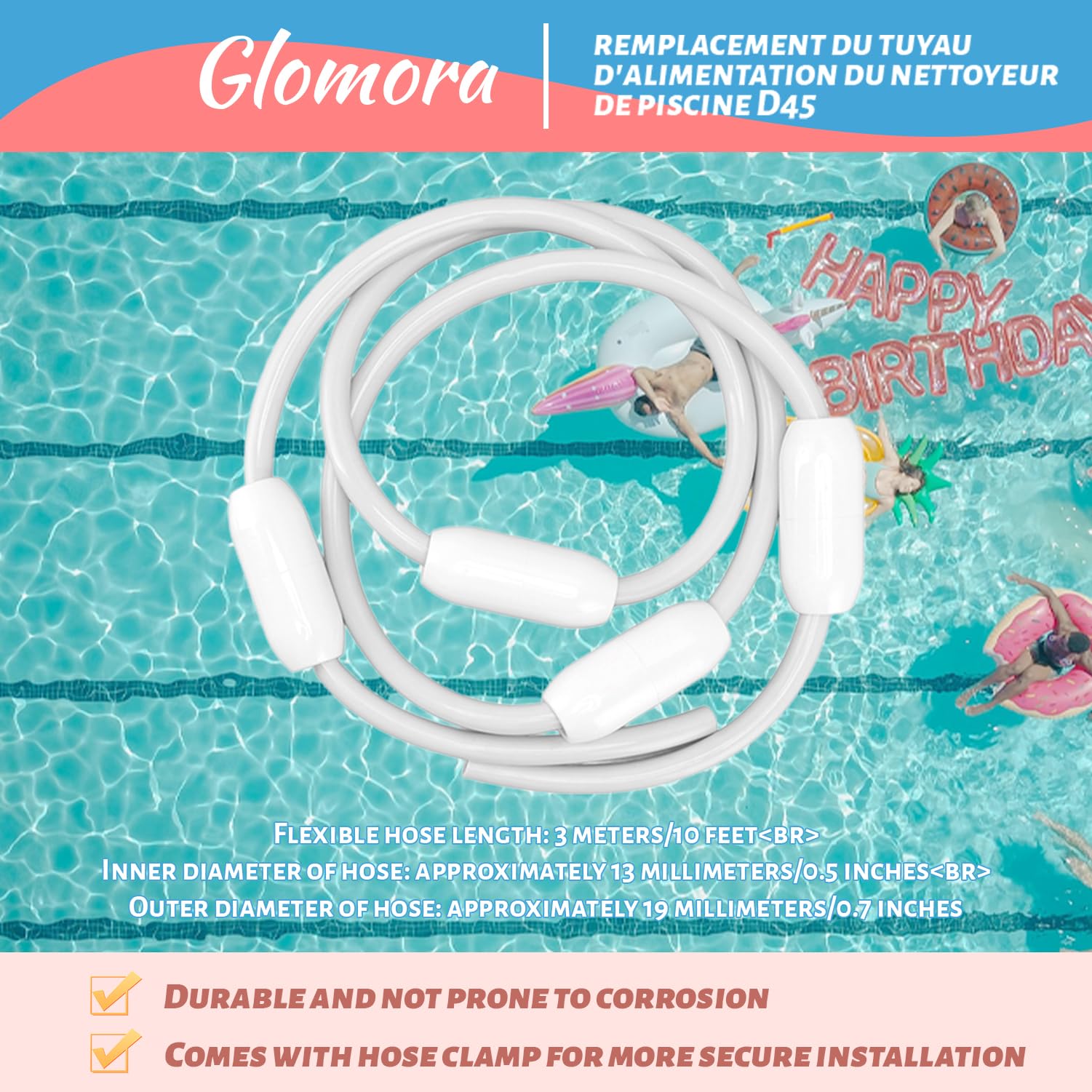 Tuyau d'alimentation de rechange, 10 feet Kit de tuyau d'entrée D-45 D10 à tête flottante pour nettoyeurs for pour Polaris 280 380 180 D45 (non compatible avec Polaris 360)