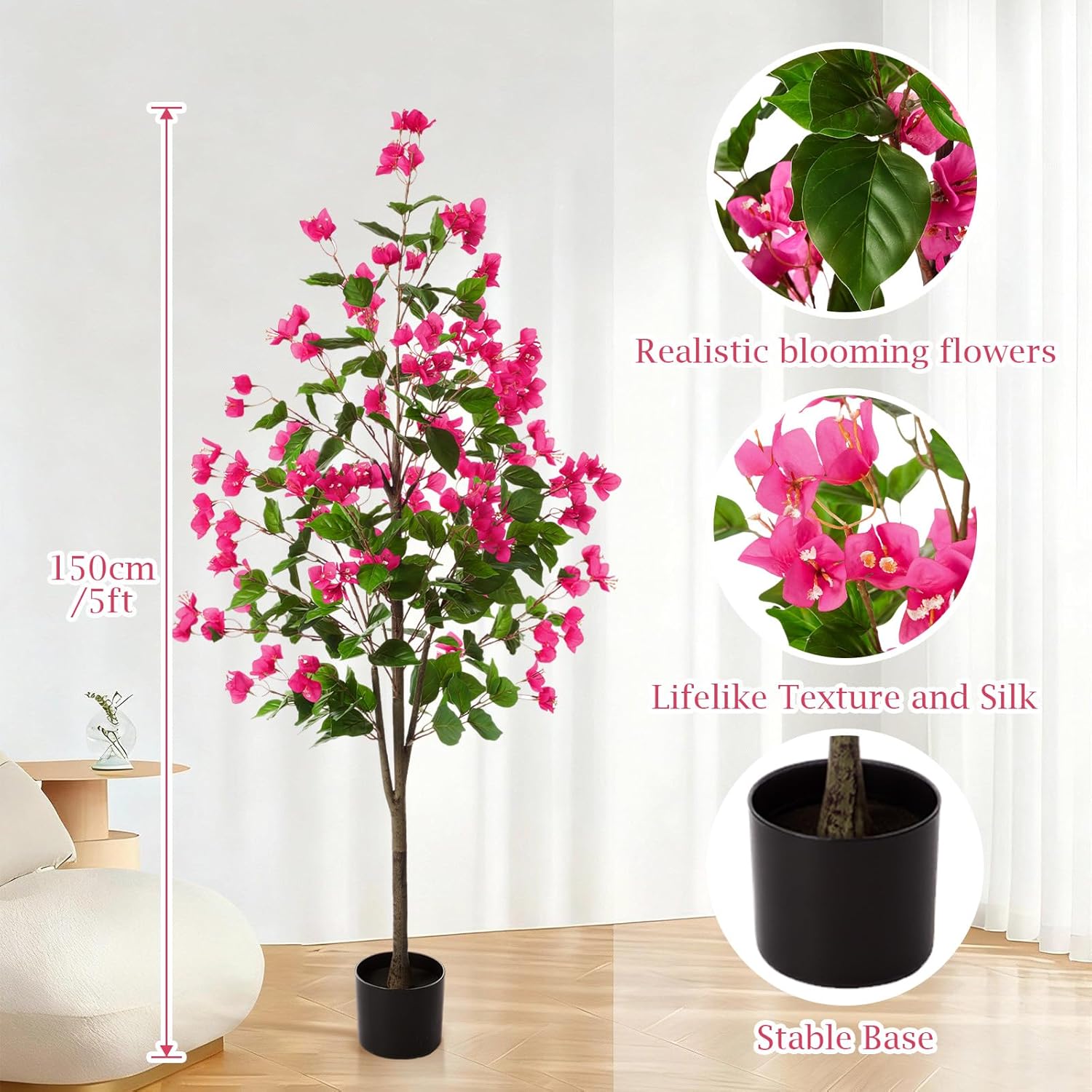 2 Pcs 5 FT Artificial Bougainvillea Trees Fake Bougainvillea Flowers Tree in Pot Tall Lifelike Faux Blooming Tree Large Fake Plants for Outdoor Indoor Office Home Garden Decor (Rose Red)
