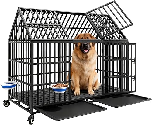 Jaula para perros resistente de 54 pulgadas, jaula indestructible a prueba de escapes con 4 ruedas, 2 bandejas y 2 puertas, jaula extragrande para