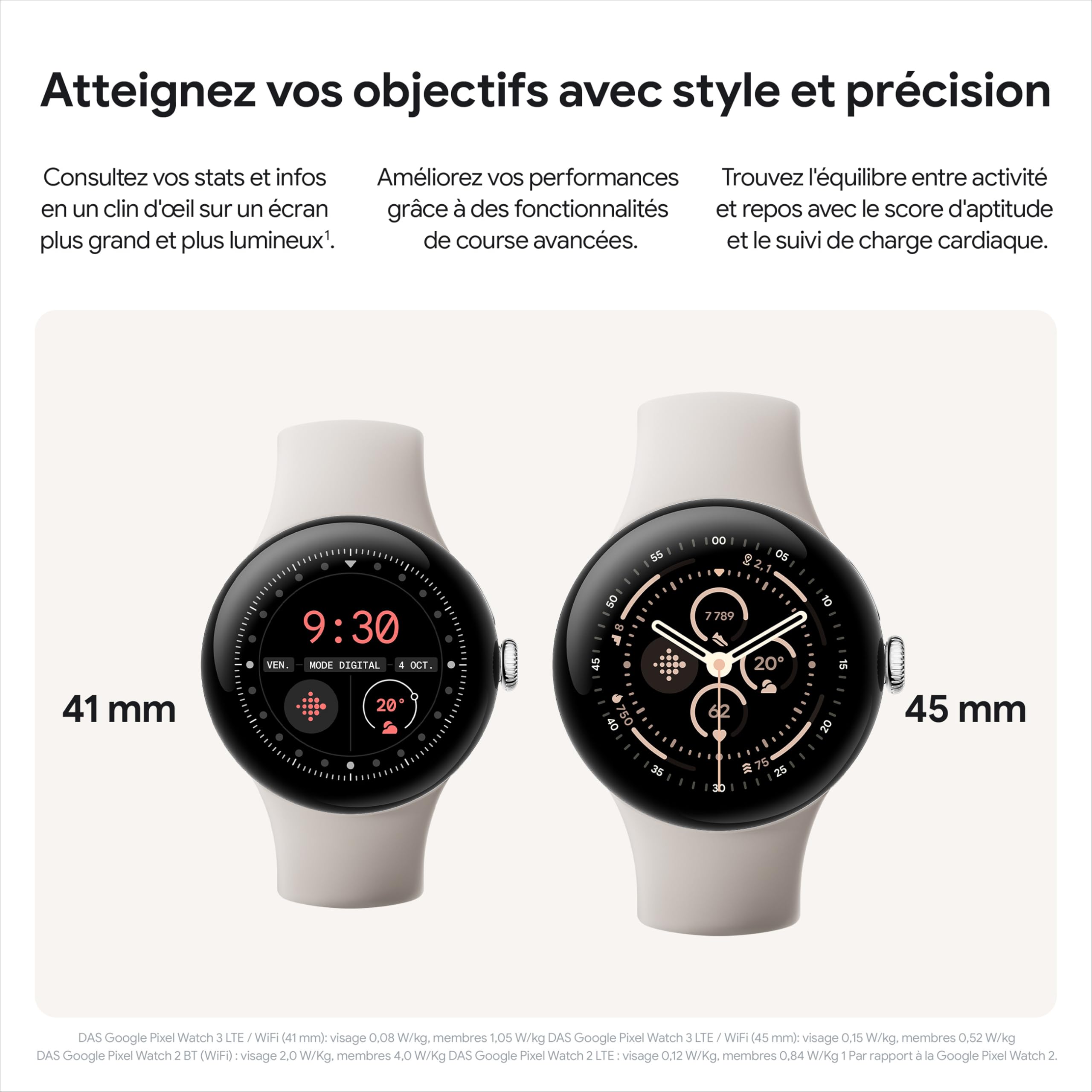 Google Pixel Watch 3 (45 mm) — Boîtier Noir Mat — Bracelet Noir Volcanique — Wi-FI
