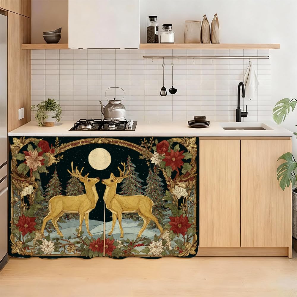 Self Adhesive Golden Deer &amp; Full Moon Cabinet Curtain for Mother's Day, 39x28 Inch Celestial Forest Under Sink Skirt No Drill, Spring Cleaning Kitchen Decor, Hook and Loop Laundry Valance