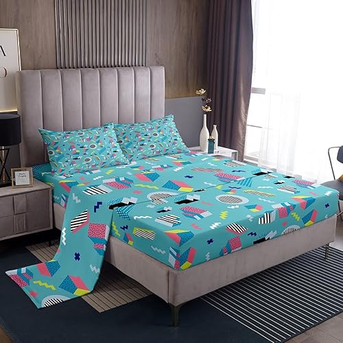 Miniatura 8 de Erosebridal Sábana bajera ajustable de los años 80, juego de sábanas geométricas de los años 80 y 90, decoración de Memphis, 80 estilos para