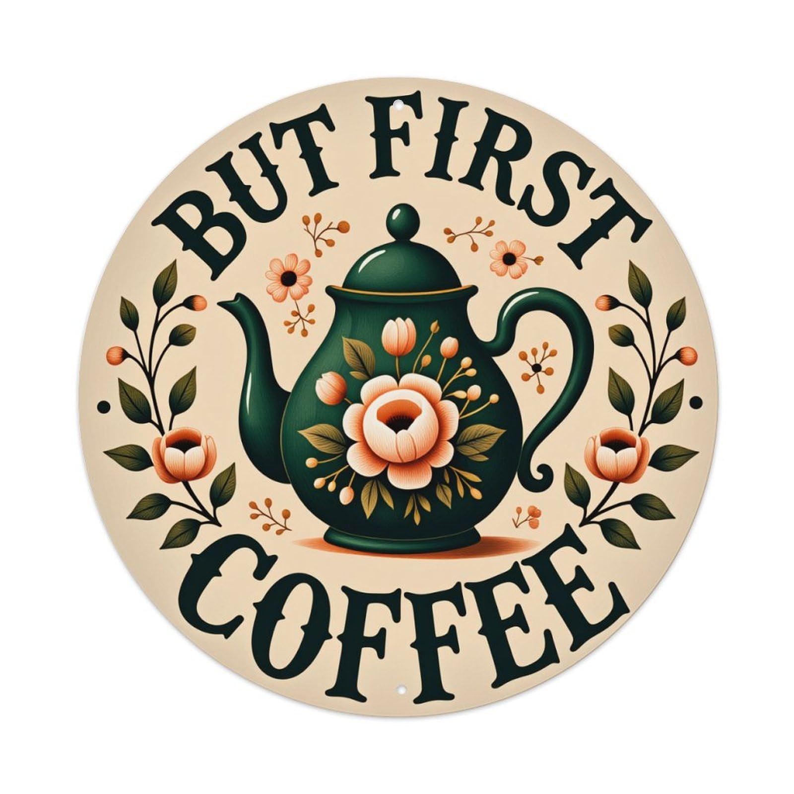 Floral Teapot Coffee Design Pattern Round Tin Sign Vintage Style Metal Sign Home Bar Garden Wall Plaque Decor Metal Poster 8x8 Inch