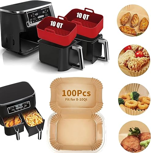 100 piezas de forros desechables para freidora de aire + 2 piezas de forros de silicona para Ninja DZ201 DZ401 DZ550 8-10Qt, accesorios