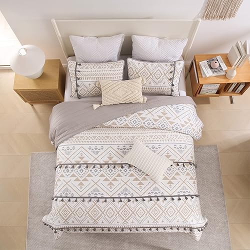 Miniatura 3 de HORIMOTE HOME Juego de edredón beige de estilo bohemio con borlas, colcha suave y ligera para todas las estaciones, colcha de cama tamaño individual