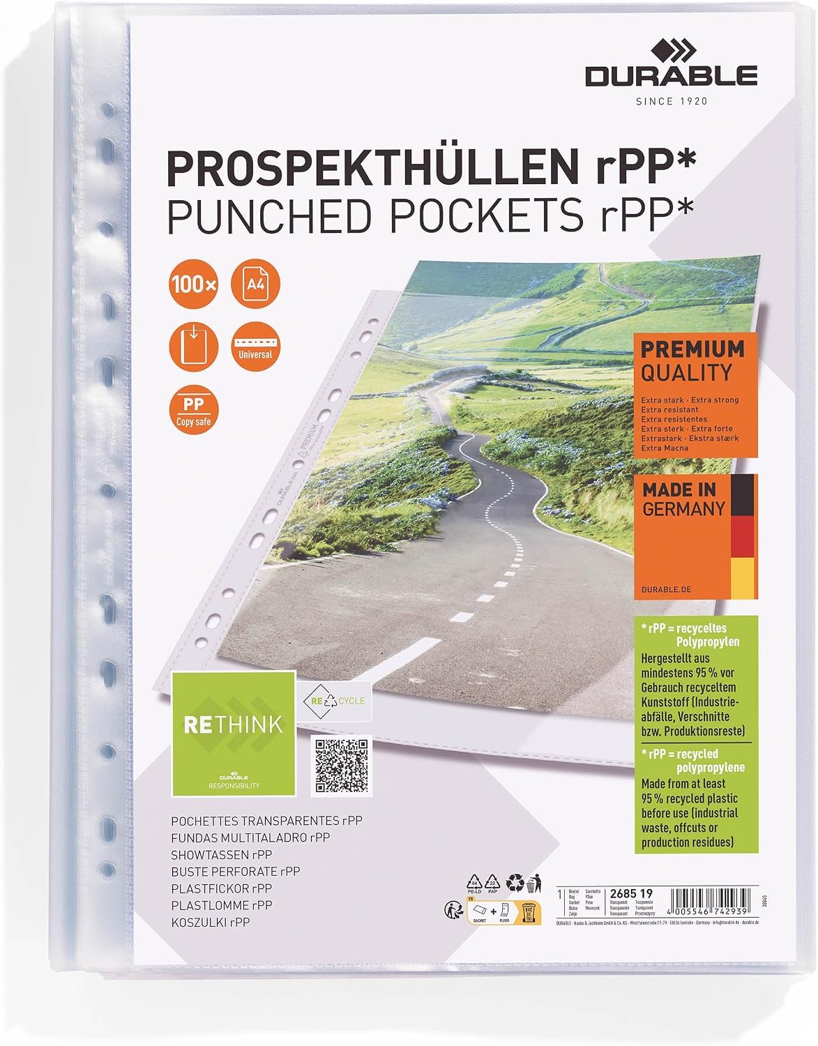 Durable Recycled A4 Punched Pocket Sleeve Wallets - Pack of 100 Robust Punched Pockets - Made of Strong Recycled PP - Transparent